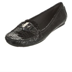 Stuart Weitzman shoes - black patent snakeskin with silver buckles loafers flats